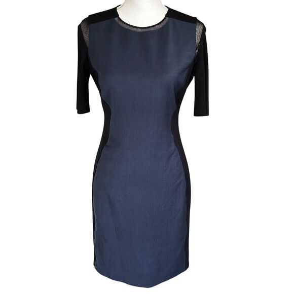 Elie Tahari Wool Blend Colorblock Sheath Dress Blue Black Mesh Trim Size 4 - Picture 1 of 9